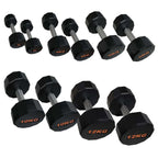 Set of black dumbbells with weight markings on a white background