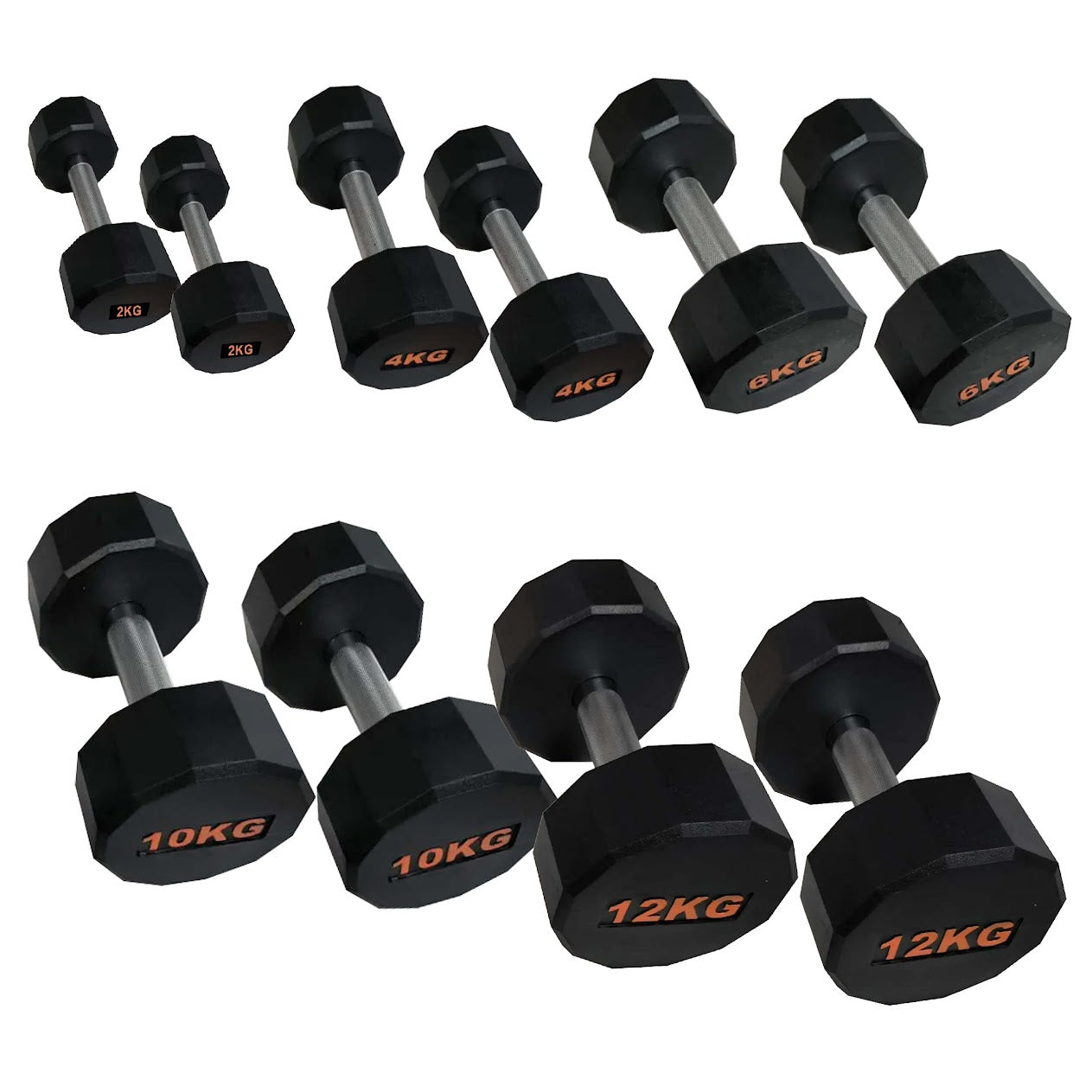 Set of black dumbbells with weight markings on a white background