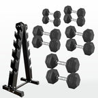 Set of hexagonal dumbbells with a black metal rack on a white background