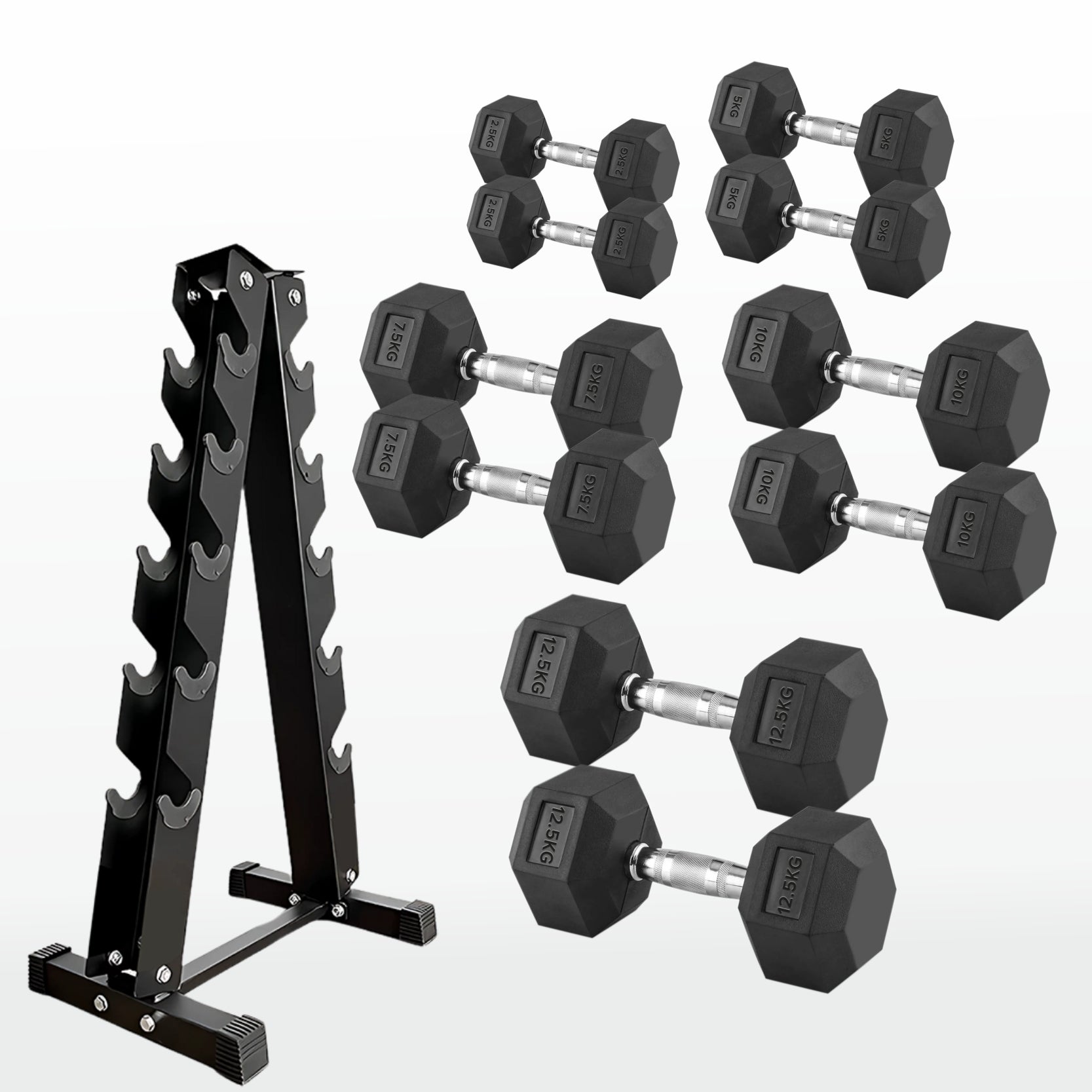 Set of hexagonal dumbbells with a black metal rack on a white background