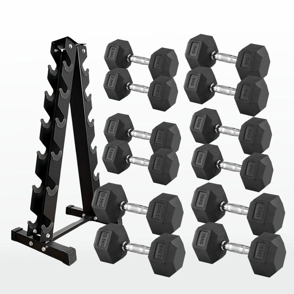 Set of hexagonal dumbbells with a black metal rack on a white background