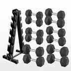 Set of hexagonal dumbbells with a black metal rack on a white background