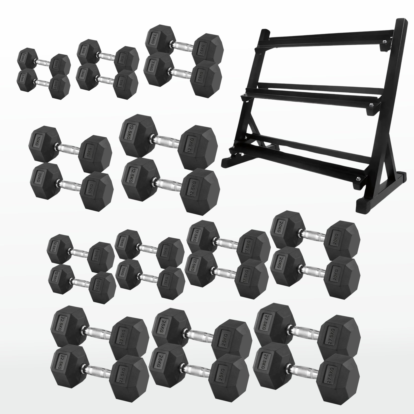 Set of hexagonal dumbbells with a black metal stand on a white background