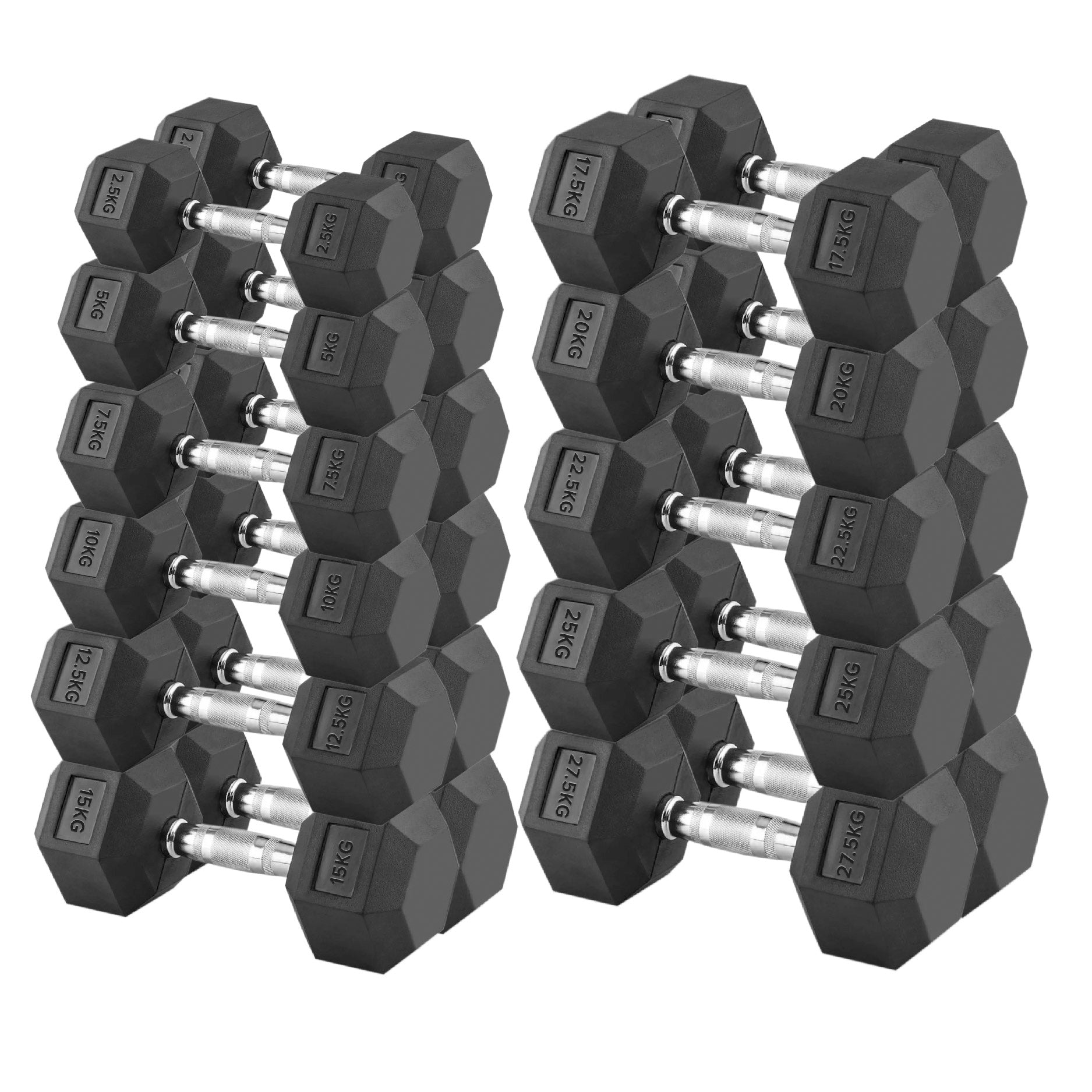 Pair of hexagonal dumbbells with weight markings on a white background