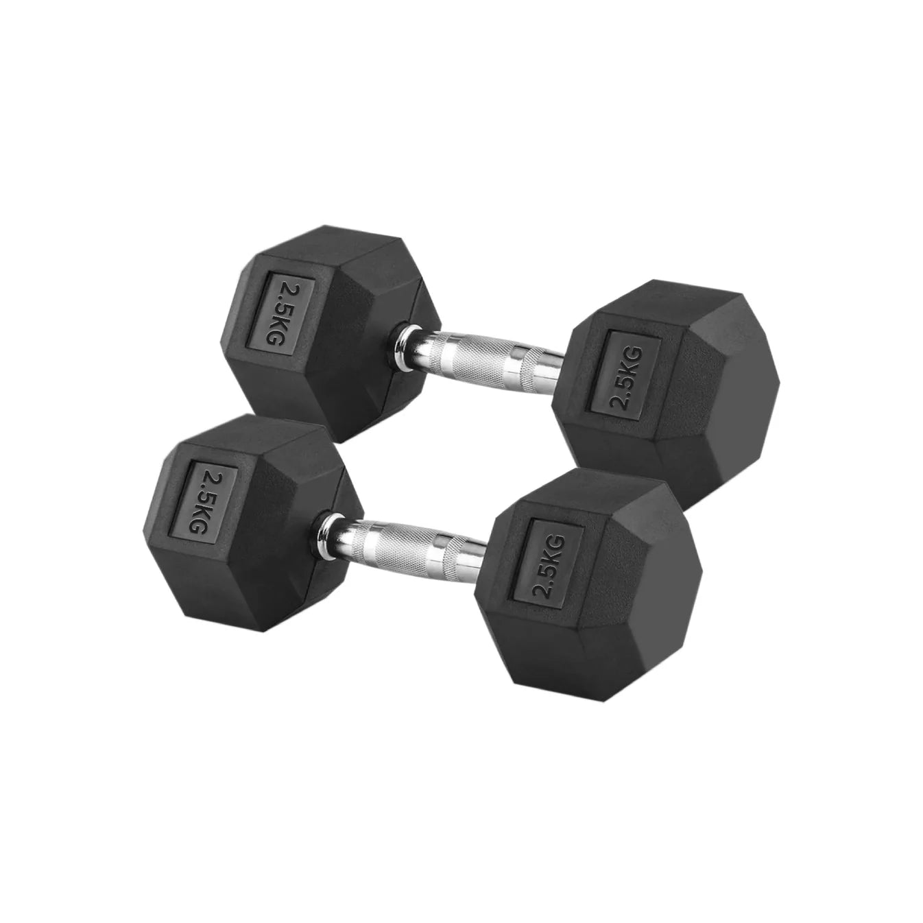 Pair of black hexagonal dumbbells with weight markings on a white background