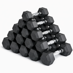 Stack of black hexagonal dumbbells on a white background