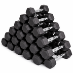 Stack of black hexagonal dumbbells on a white background