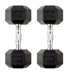 Pair of black hexagonal dumbbells with '20kg' marking on a white background