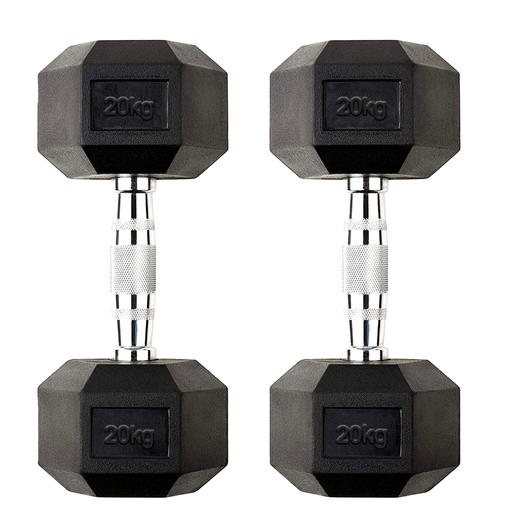 Pair of black hexagonal dumbbells with '20kg' marking on a white background