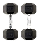 Pair of black hexagonal dumbbells with '20kg' marking on a white background