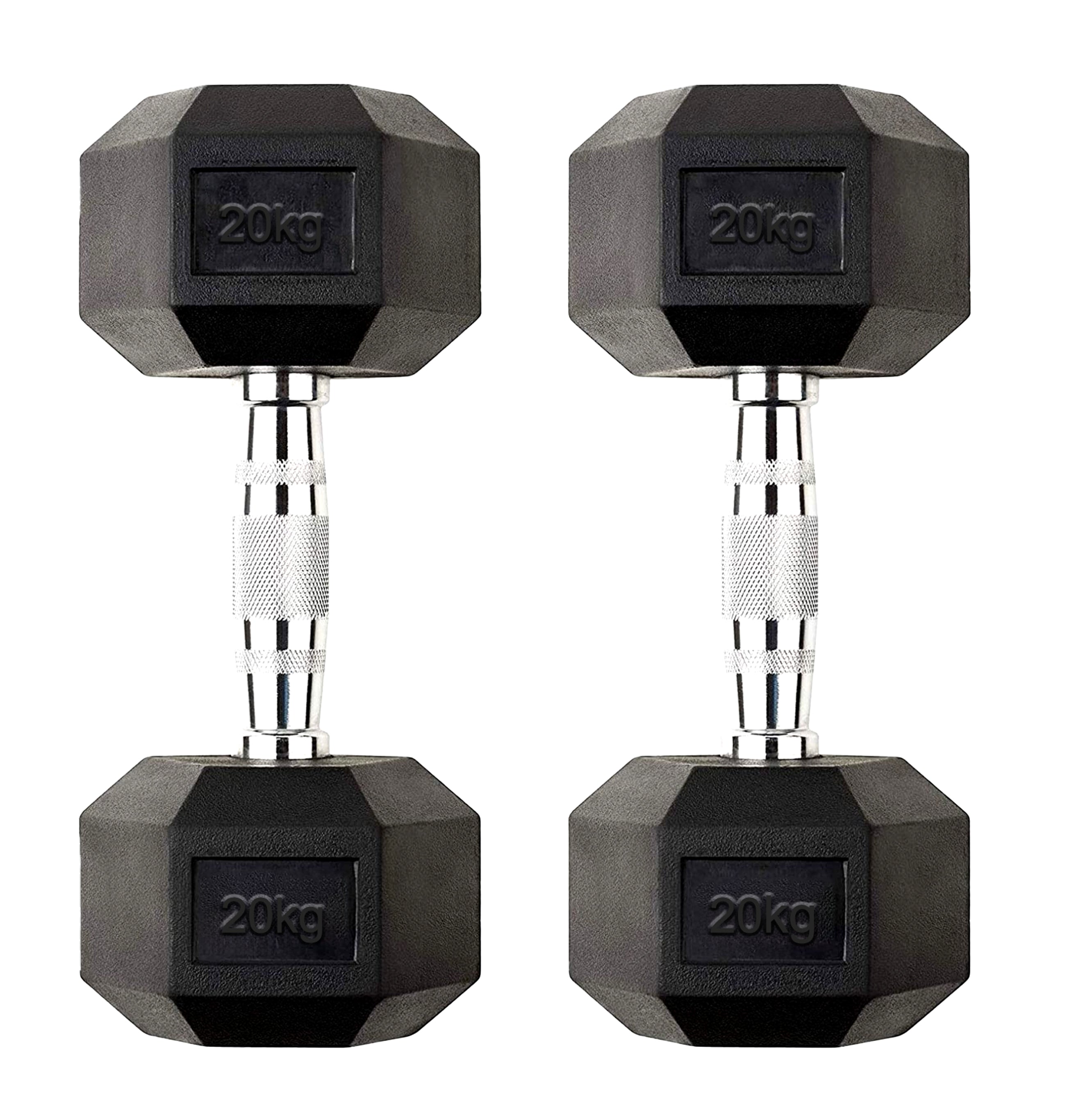 Pair of black hexagonal dumbbells with '20kg' marking on a white background