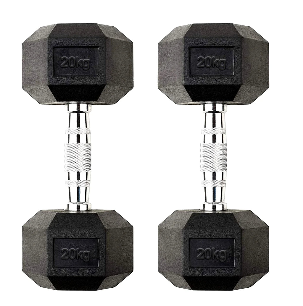 Pair of black hexagonal dumbbells with '20kg' marking on a white background