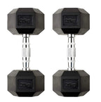 Pair of black hexagonal dumbbells with '20kg' marking on a white background