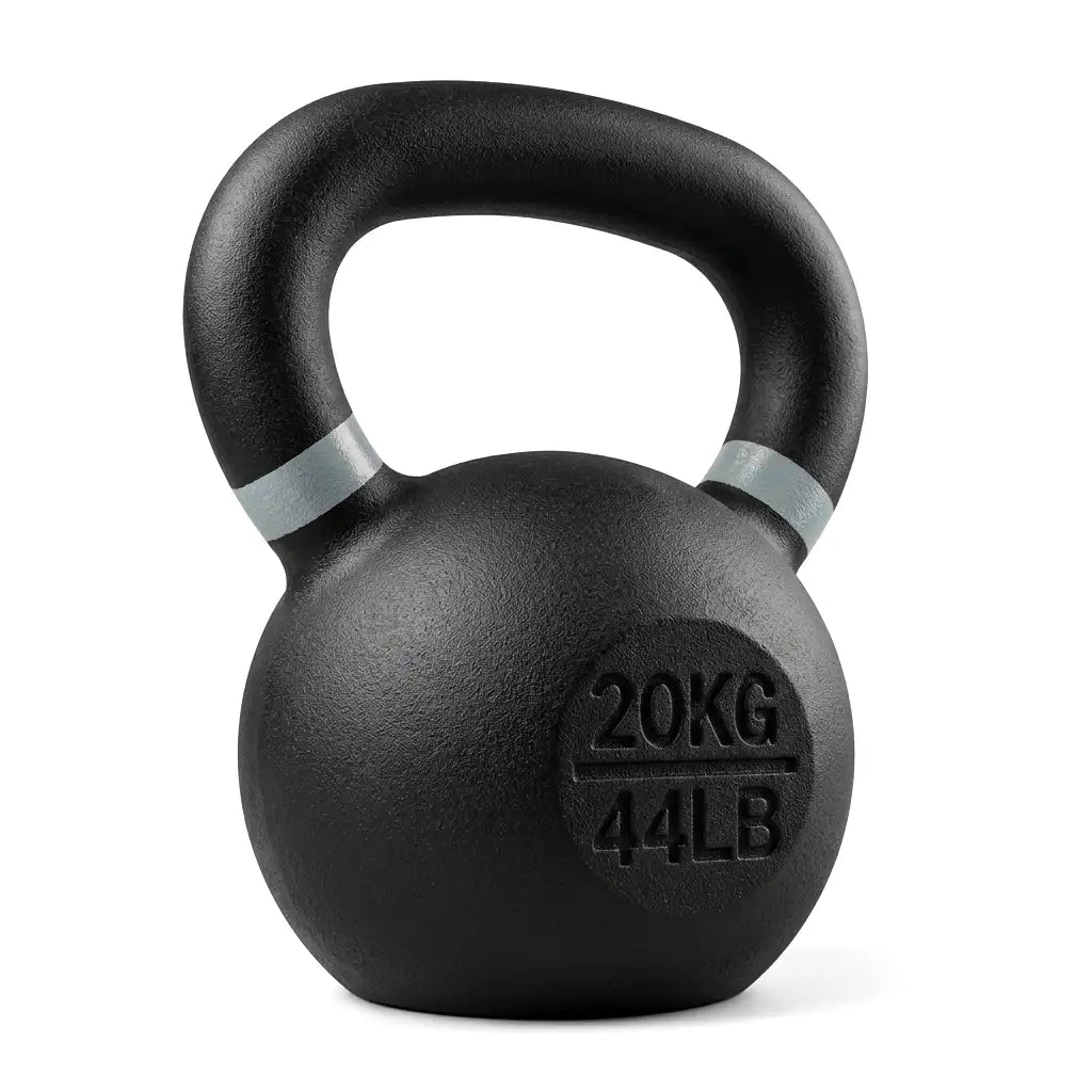 A black cast iron kettlebell with a 20KG (44LB) weight marking, featuring a textured matte finish and two silver bands on the handle, shown on a white background.