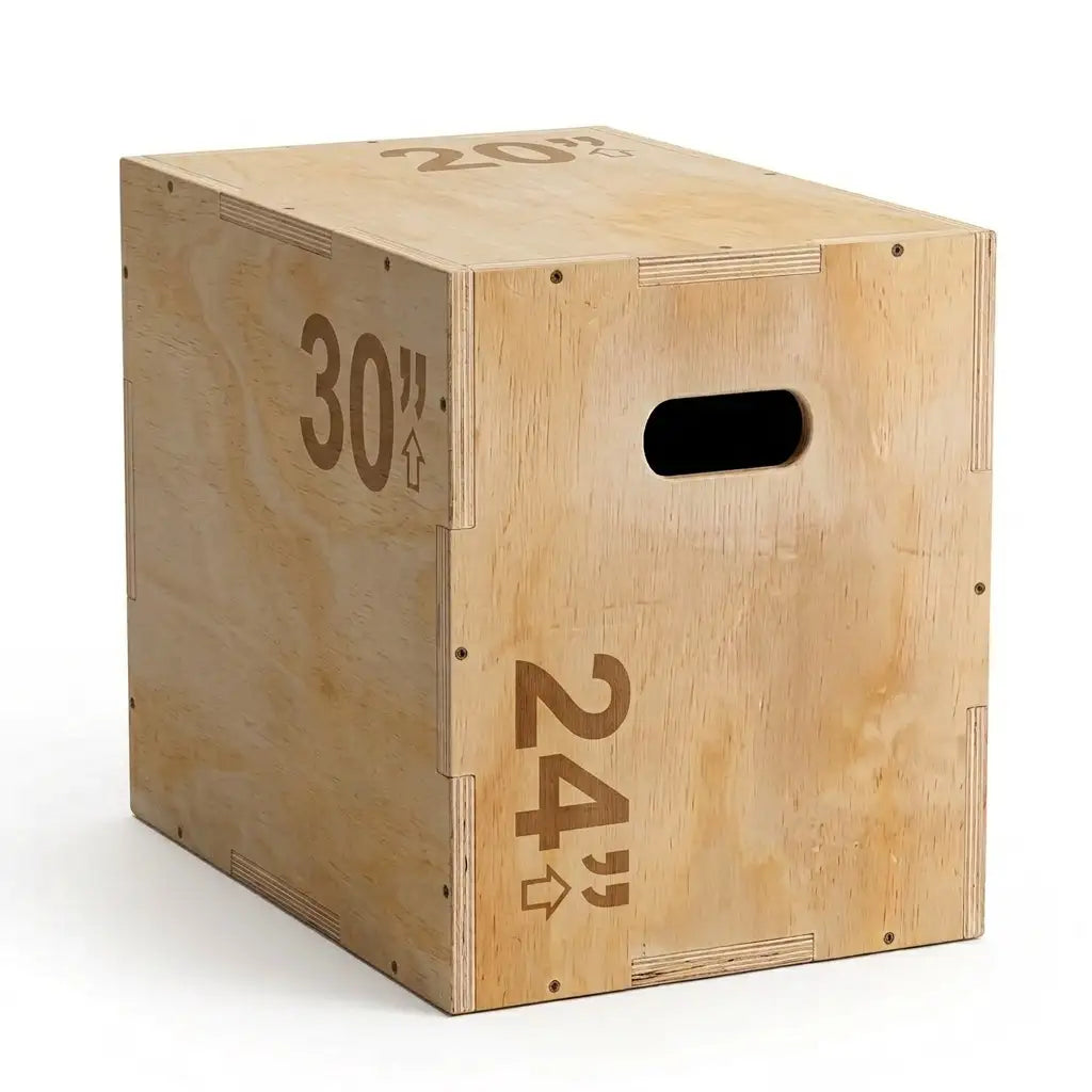A wooden plyo box with a handle cutout, featuring printed measurements '24"' and '30"' on a clean white background.