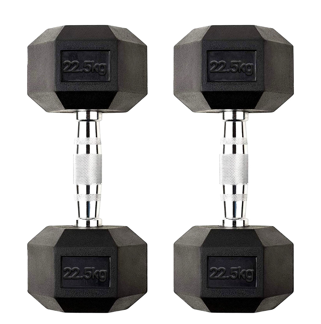 Pair of black hexagonal dumbbells with '22.5kg' marking on a white background