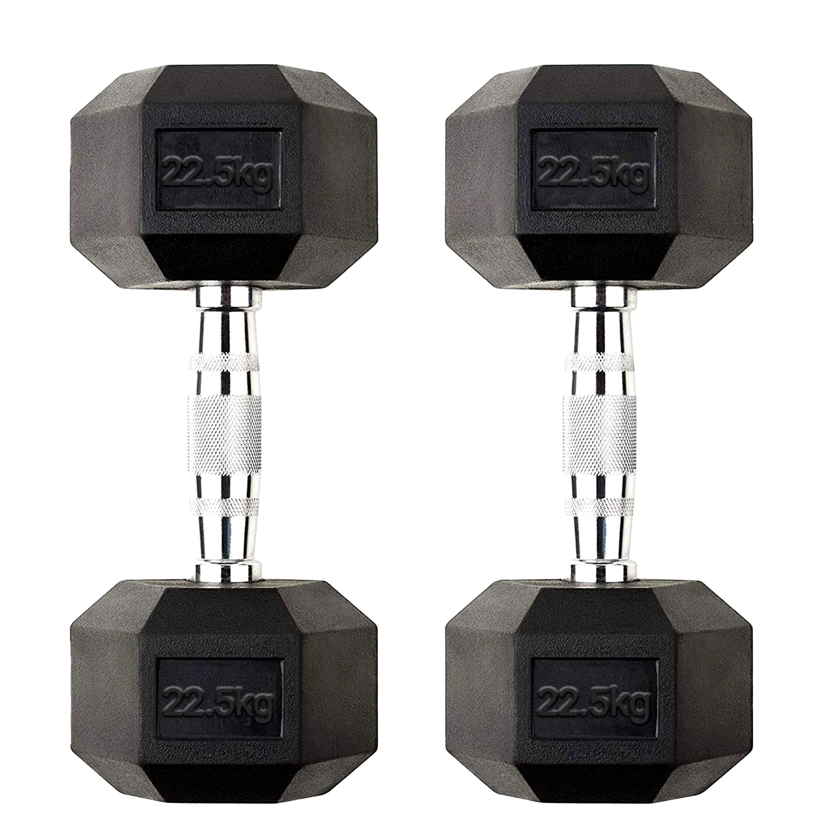 Pair of black hexagonal dumbbells with '22.5kg' marking on a white background