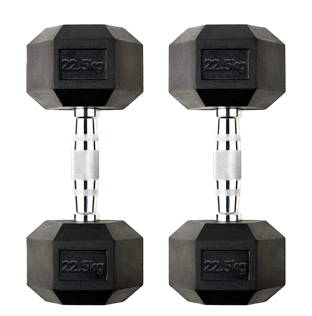 Pair of black hexagonal dumbbells with '22.5kg' marking on a white background