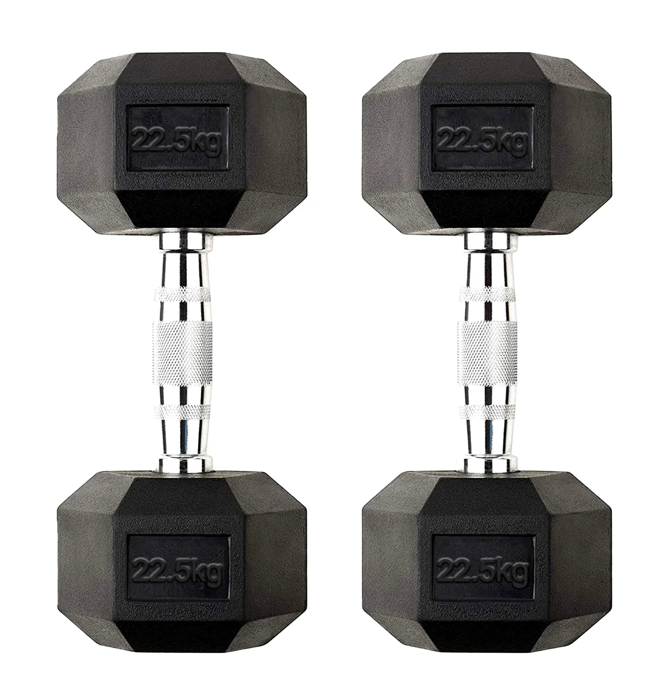 Pair of black hexagonal dumbbells with '22.5kg' marking on a white background