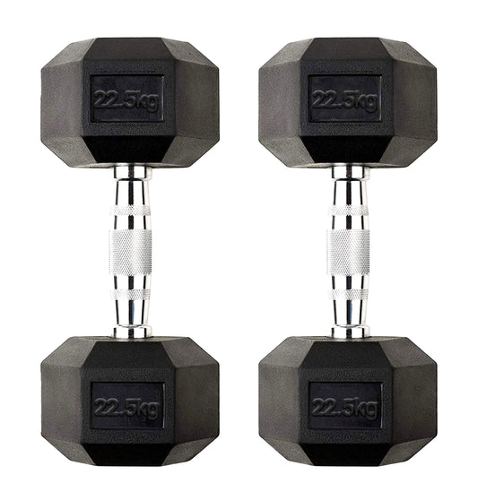 22.5kg Rubber Hex Dumbbells with Chrome Knurled Handles – Heavy-Duty Weights for Strength Training, Muscle Growth & Compact Home Gym Use