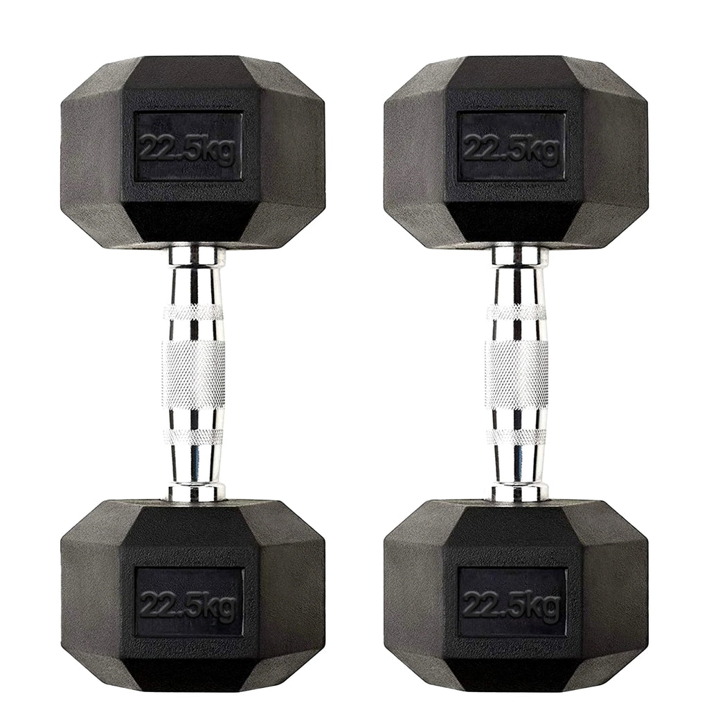 Pair of black hexagonal dumbbells with '22.5KG' marking on a white background