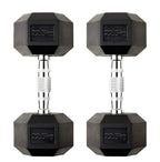 Pair of black hexagonal dumbbells with '22.5KG' marking on a white background