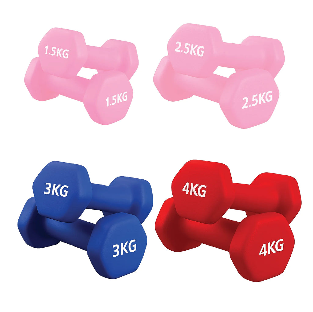Set of pink and blue dumbbells with weight markings on a white background