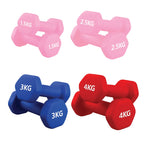 Set of pink and blue dumbbells with weight markings on a white background