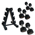 Set of black dumbbells with weight markings on a white background