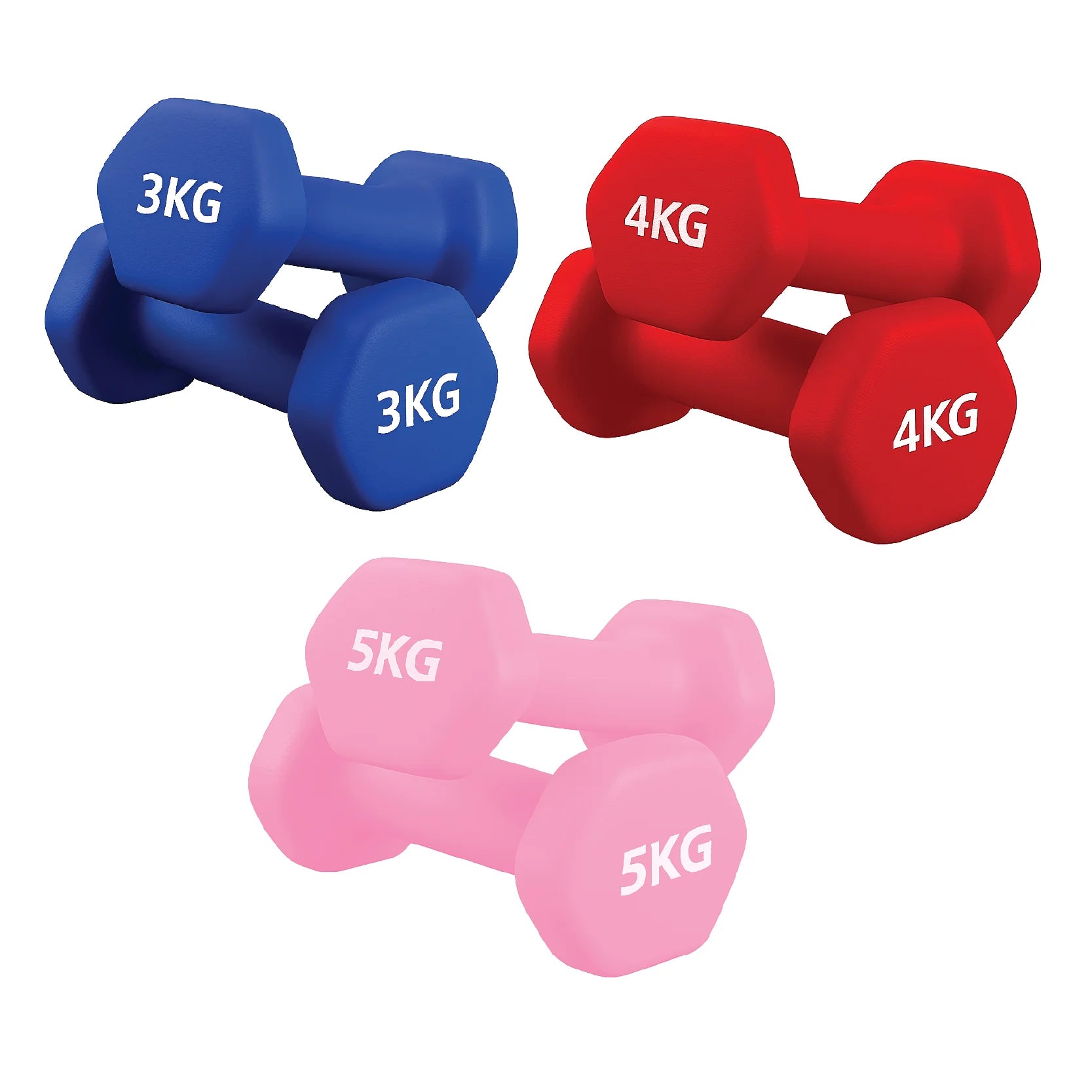 Set of red, pink and blue dumbbells with weight markings on a white background