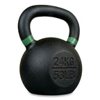 A black cast iron kettlebell with a green painted handle band, embossed with '24KG 53LB' on the front, isolated on a white background.