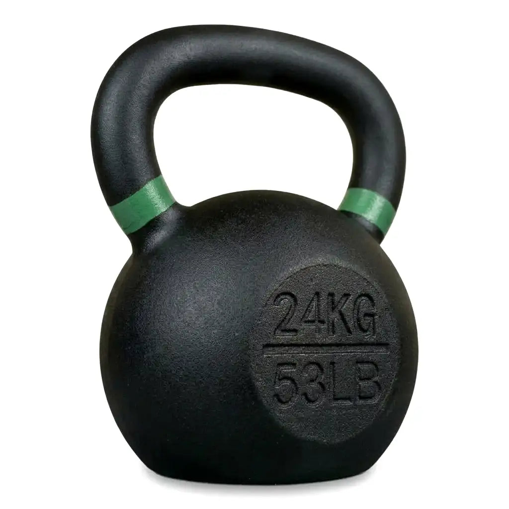 A black cast iron kettlebell with a green painted handle band, embossed with '24KG 53LB' on the front, isolated on a white background.