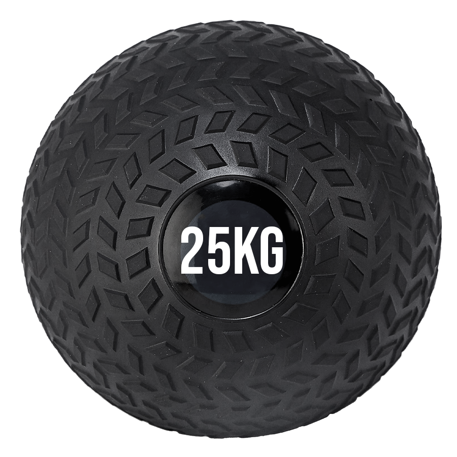 A black treaded slam ball with a textured grip and the weight '25KG' displayed on it.