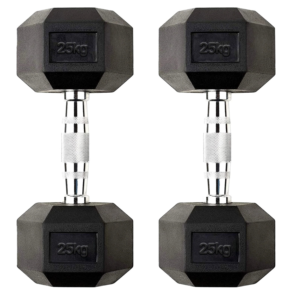 Pair of black hexagonal dumbbells with '25kg' marking on a white background