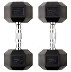 Pair of black hexagonal dumbbells with '25kg' marking on a white background