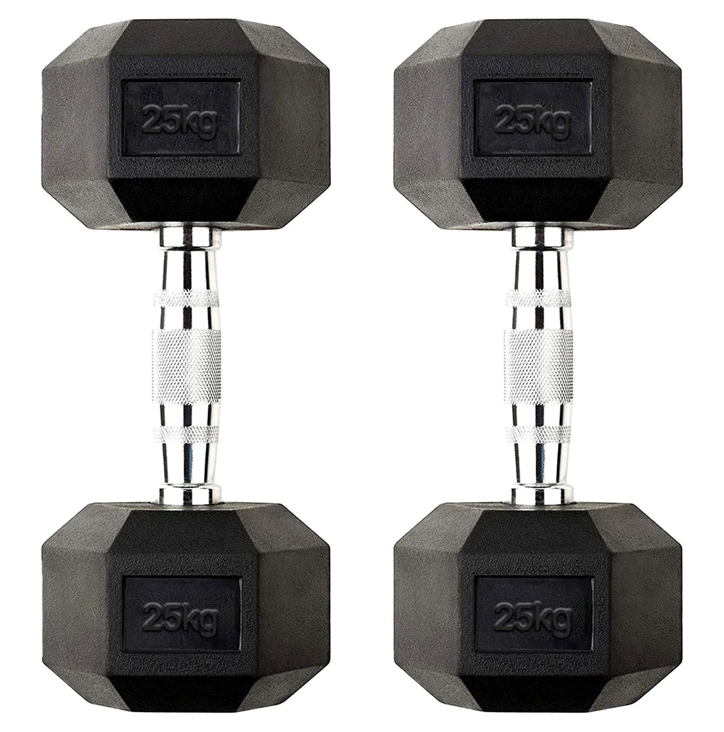 Pair of black hexagonal dumbbells with '25kg' marking on a white background