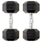 Pair of black hexagonal dumbbells with '25kg' marking on a white background