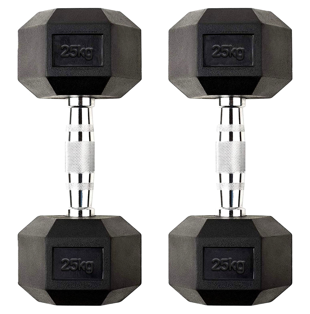 Pair of black hexagonal dumbbells with '25kg' marking on a white background