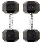 Pair of black hexagonal dumbbells with '25kg' marking on a white background