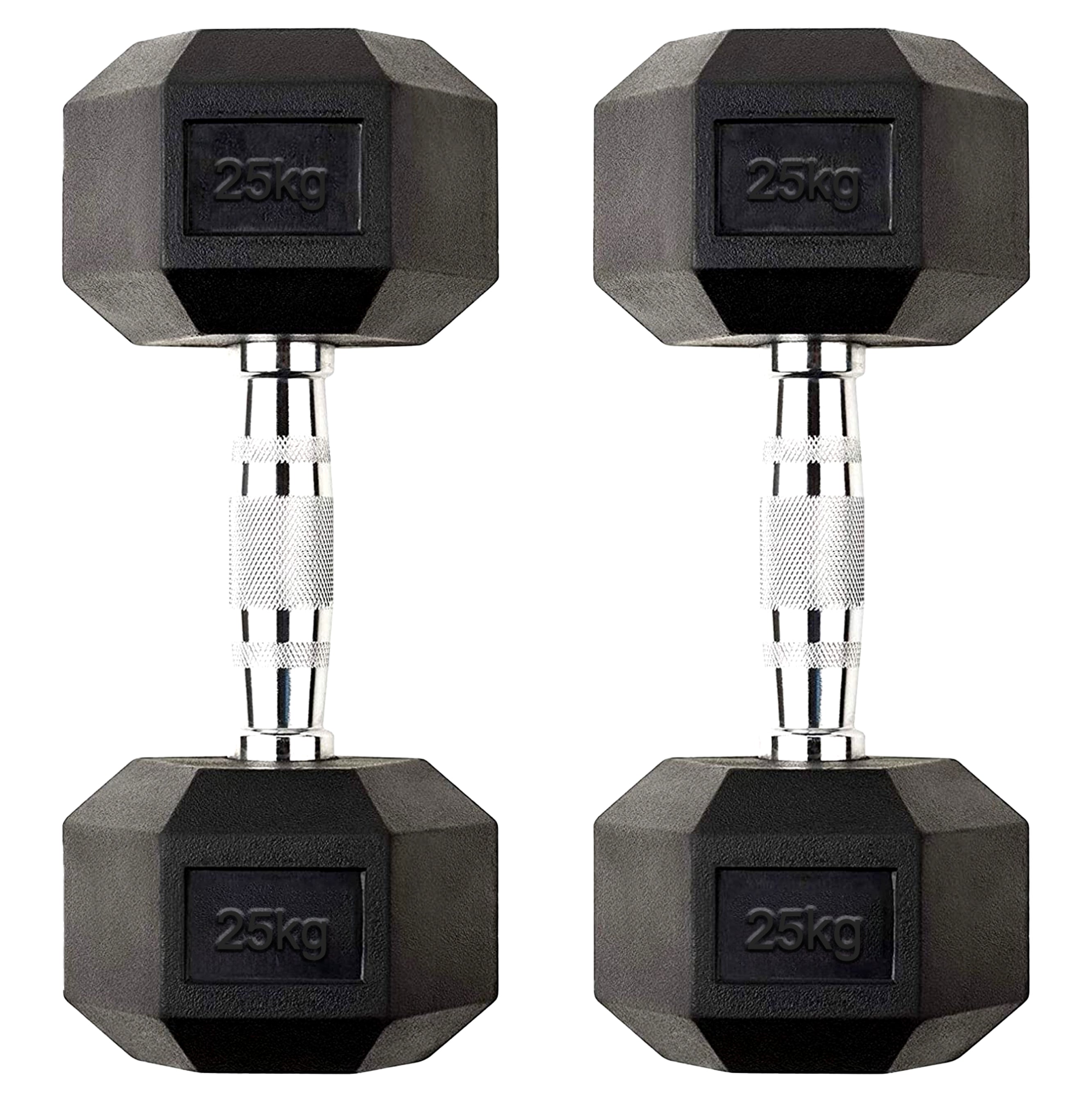 Pair of black hexagonal dumbbells with '25kg' marking on a white background