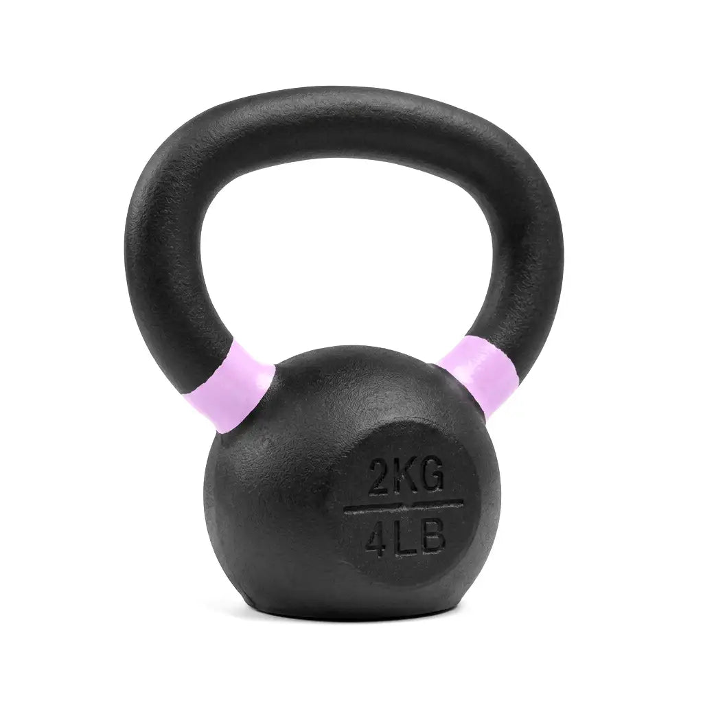 A 2kg black kettlebell with light purple accent bands on the handle, featuring an embossed '2KG 4LB' marking on the weight plate, set against a plain white background.