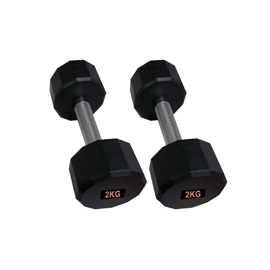 Pair of black dumbbells with '2KG' marking on a white background
