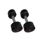 Pair of black dumbbells with '2KG' marking on a white background