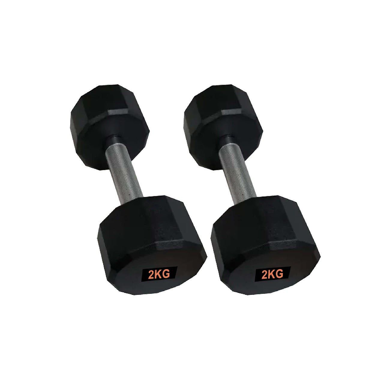 Pair of black dumbbells with '2KG' marking on a white background