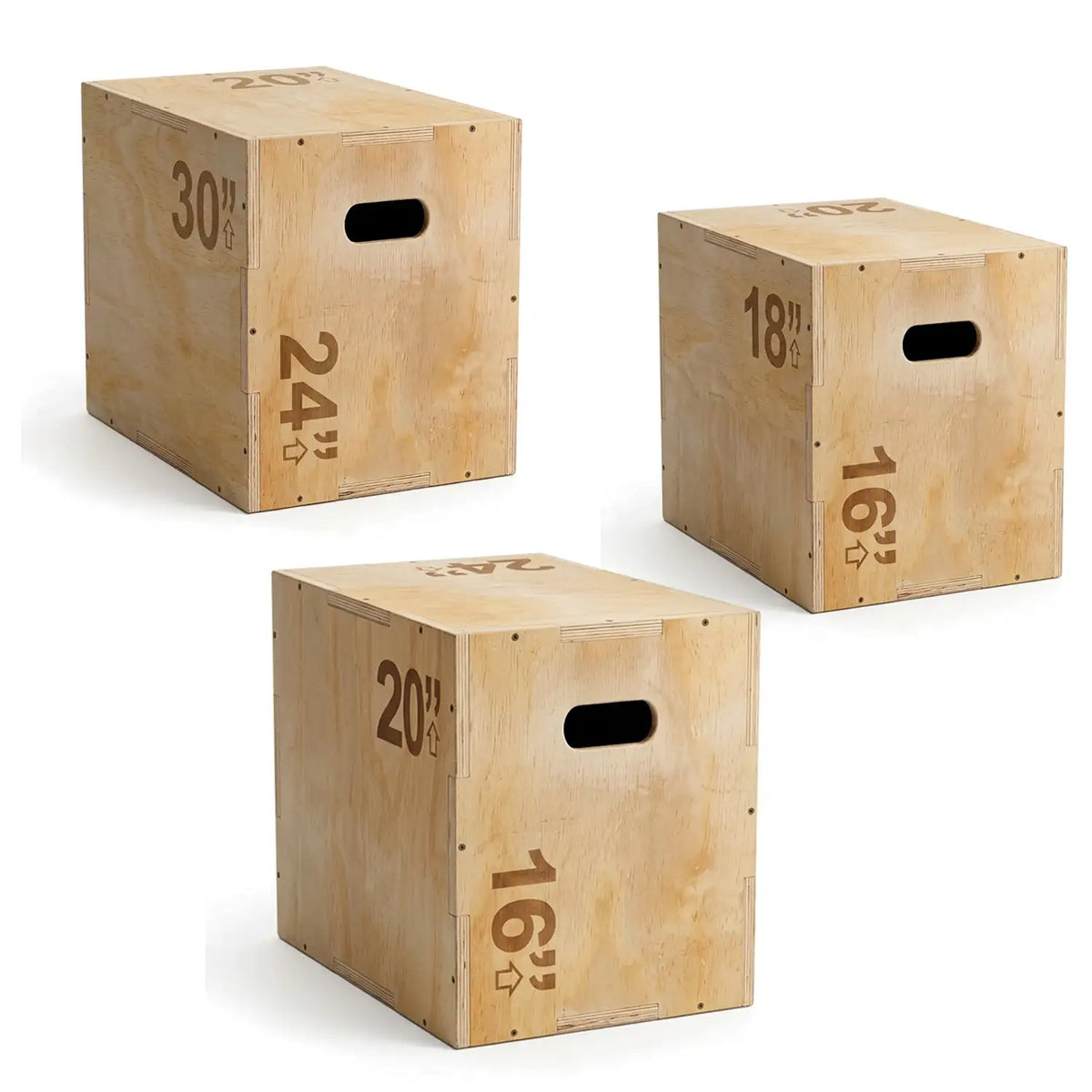 Three wooden plyo boxes in different sizes (30 inches, 24 inches, and 18 inches) with cutout handles, shown on a white background.