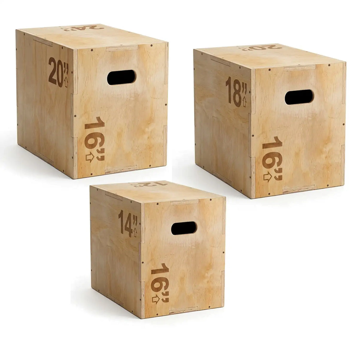 Three wooden plyo boxes in different sizes (14x16, 18x16, and 20x16 inches) with cutout handles, shown on a white background.