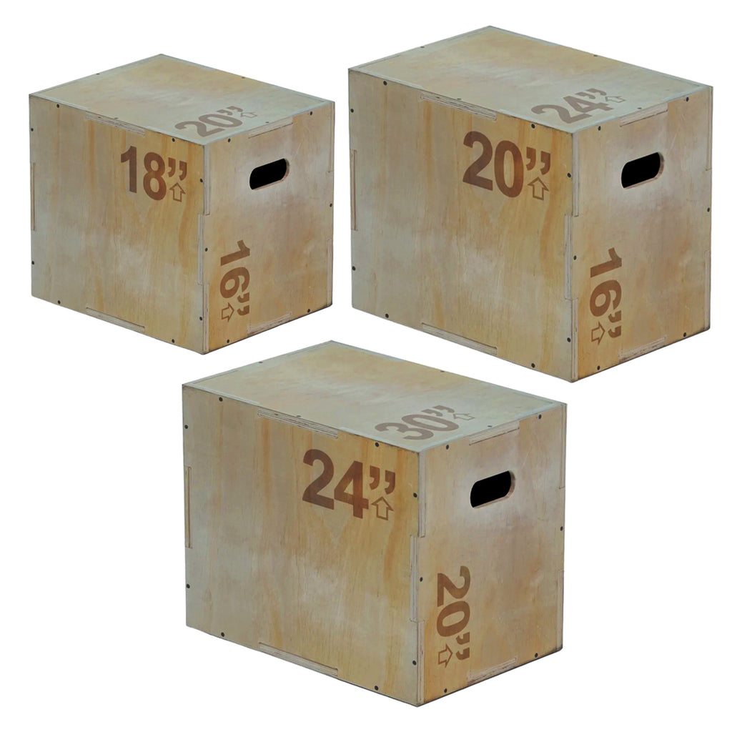A beige 3-in-1 wooden plyometric jump box with marked heights for box jumps and step-ups.