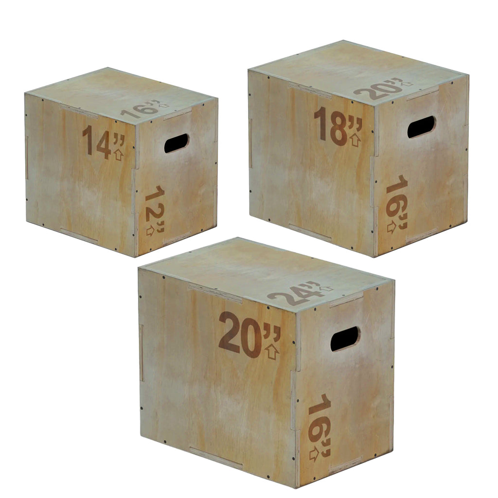 A beige 3-in-1 wooden plyometric jump box with marked heights for box jumps and step-ups.