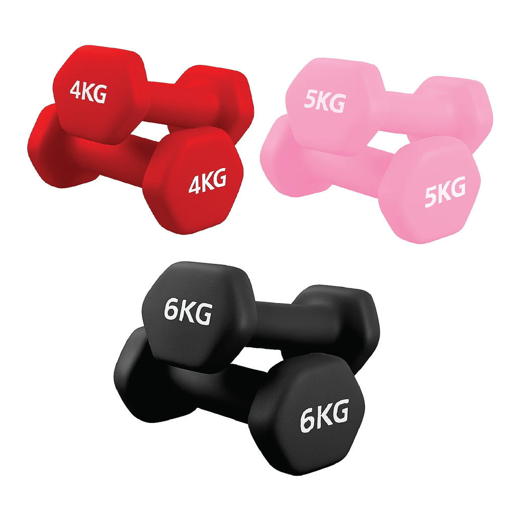 Set of red, black and pink, dumbbells with weight markings on a white background