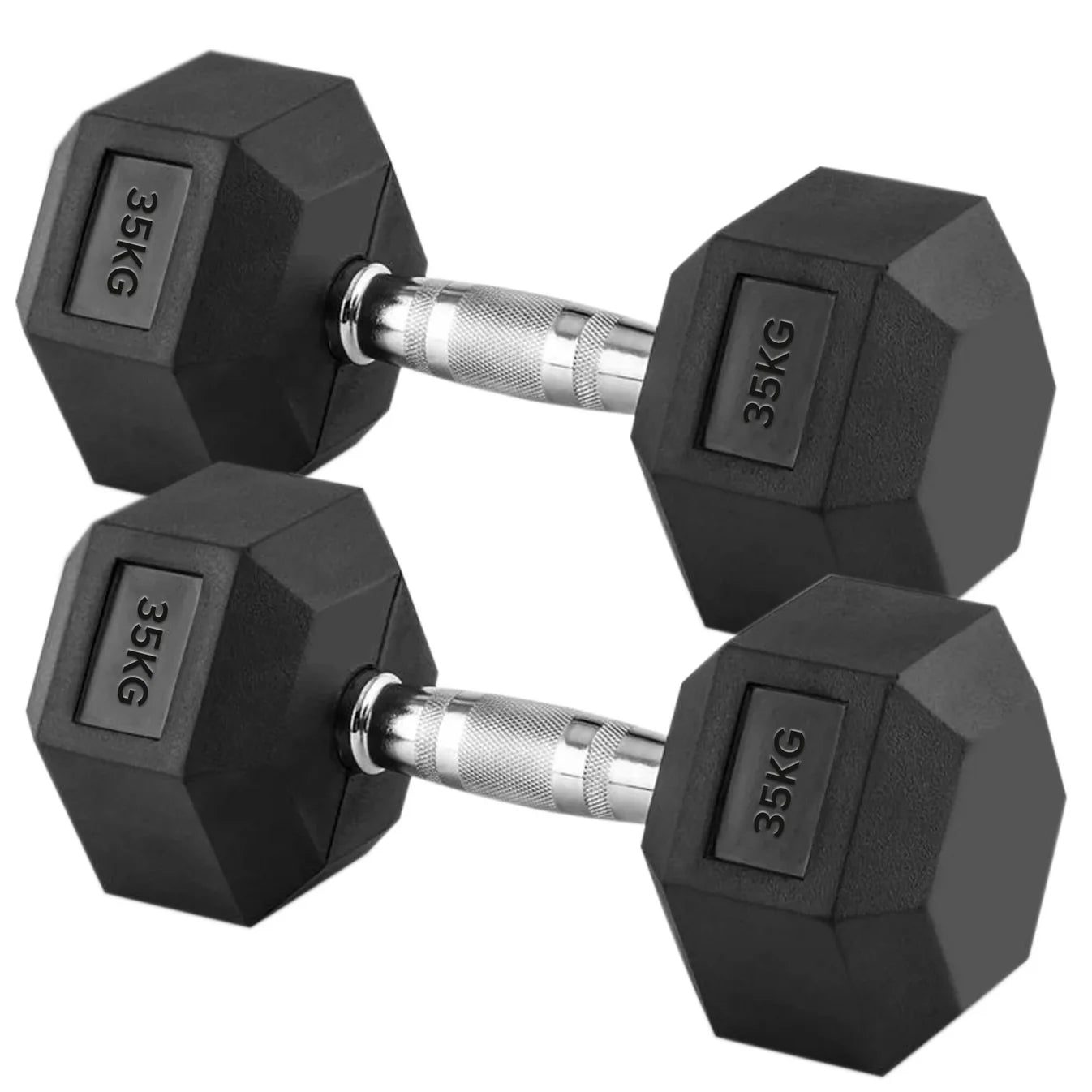 Pair of black hexagonal dumbbells with '35KG' marking on a white background